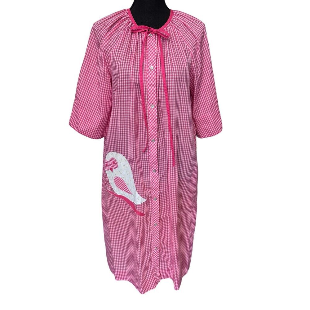 Models Coat L/XL Pink White Gingham Plaid House Coat House‎ Dress Bird VTG